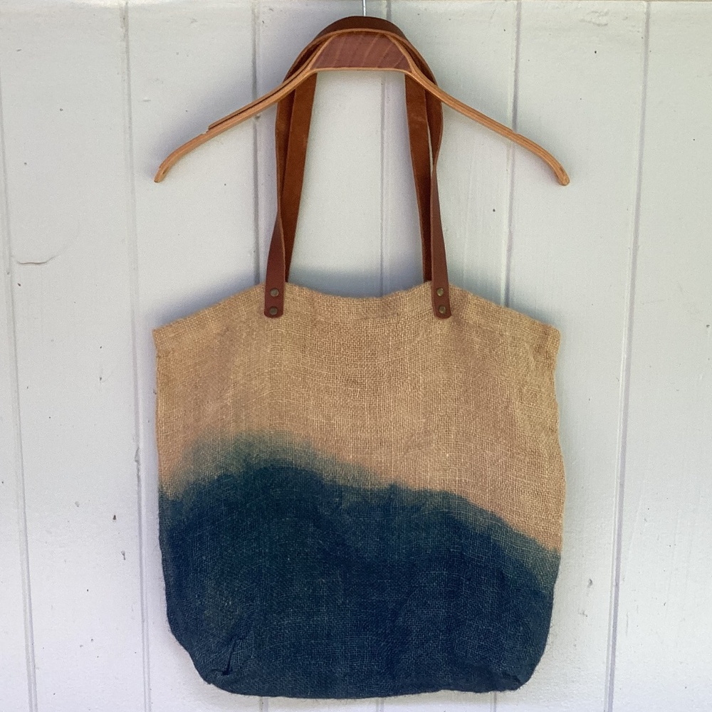 NEW jute leather TOTE market beach indigo HOBO bag